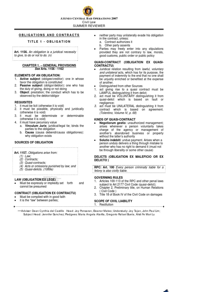 Obligations and Contracts Overview | PDF | Law Of Obligations | Negligence
