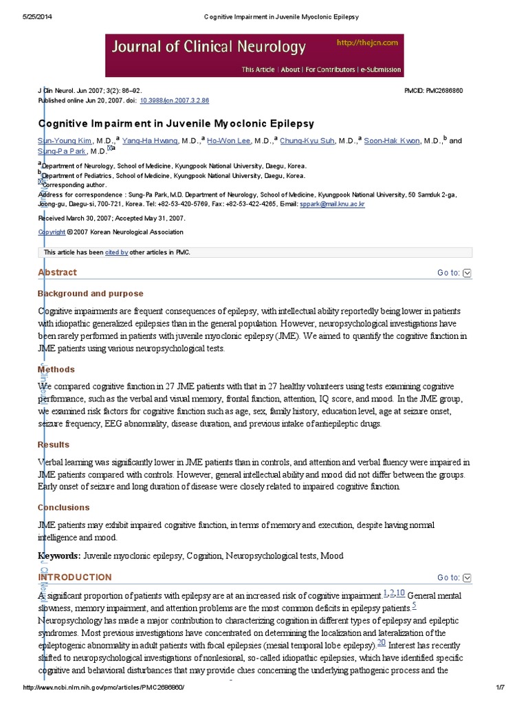 Cognitive Impairment in Juvenile Myoclonic Epilepsy | PDF | Epilepsy ...