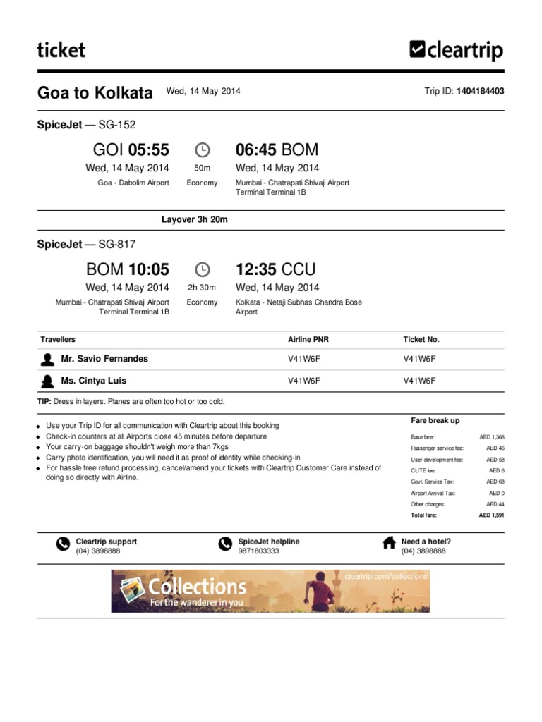 Cleartrip Flight ETicket PDF Airport Fare