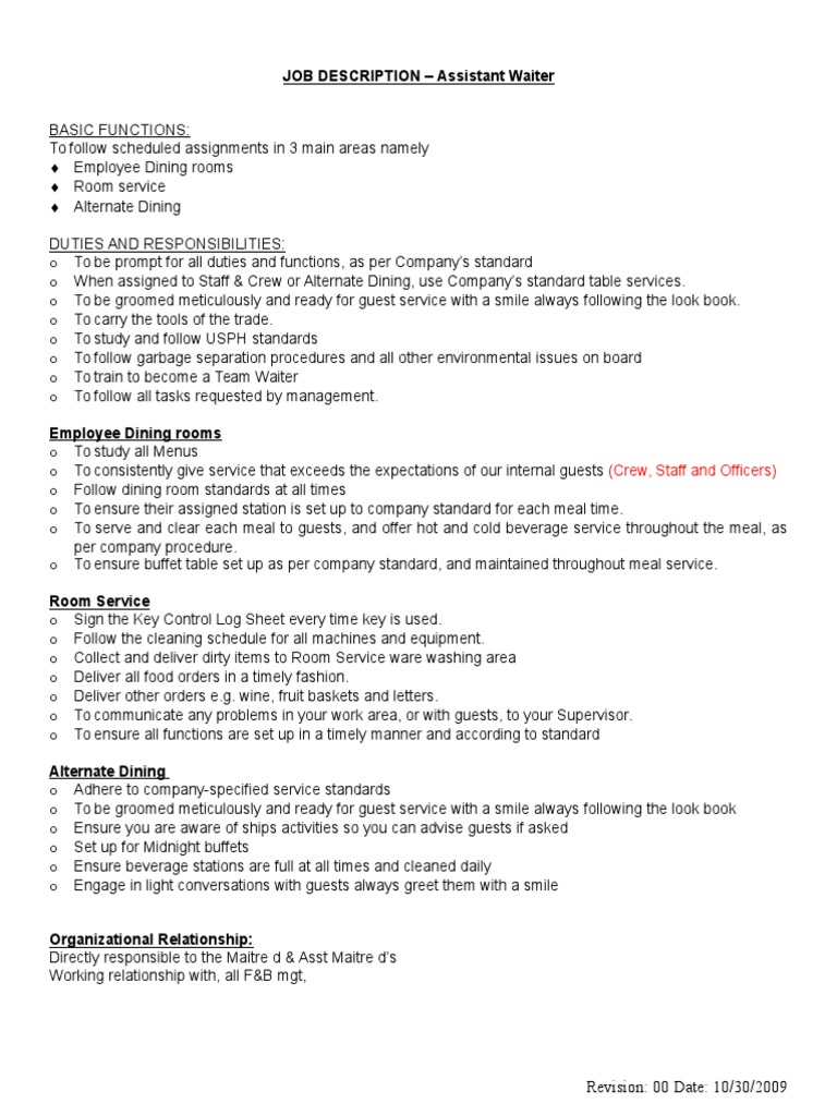 Assistant Waiter Job Responsibilities | PDF