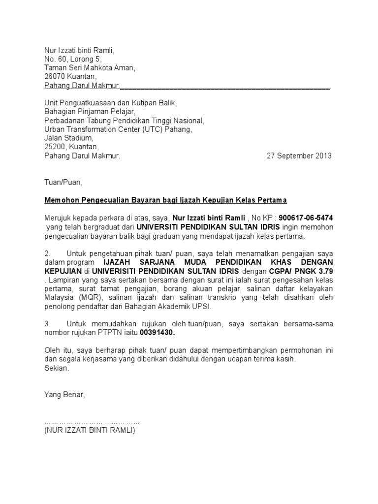 Contoh Surat Pengecualian Bayaran Balik Ptptn