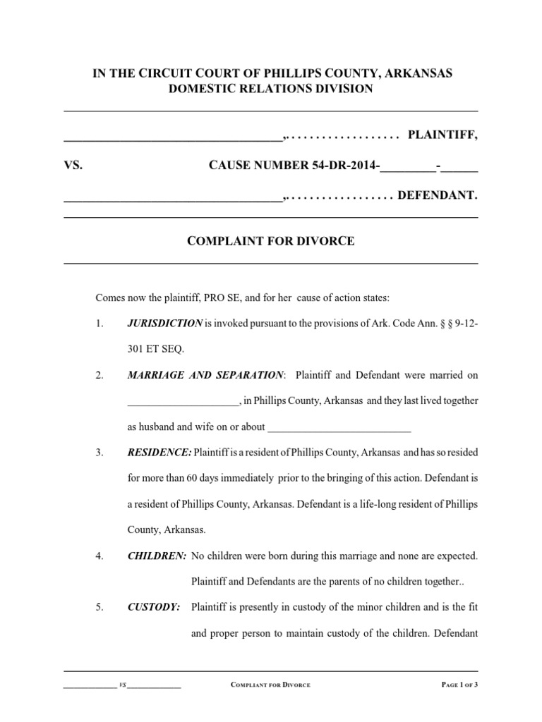blank divorce form complaint divorce husband