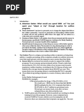Persuasive Speech Drug Testing For Welfare Pdf Personal Responsibility And Work Opportunity Act Welfare