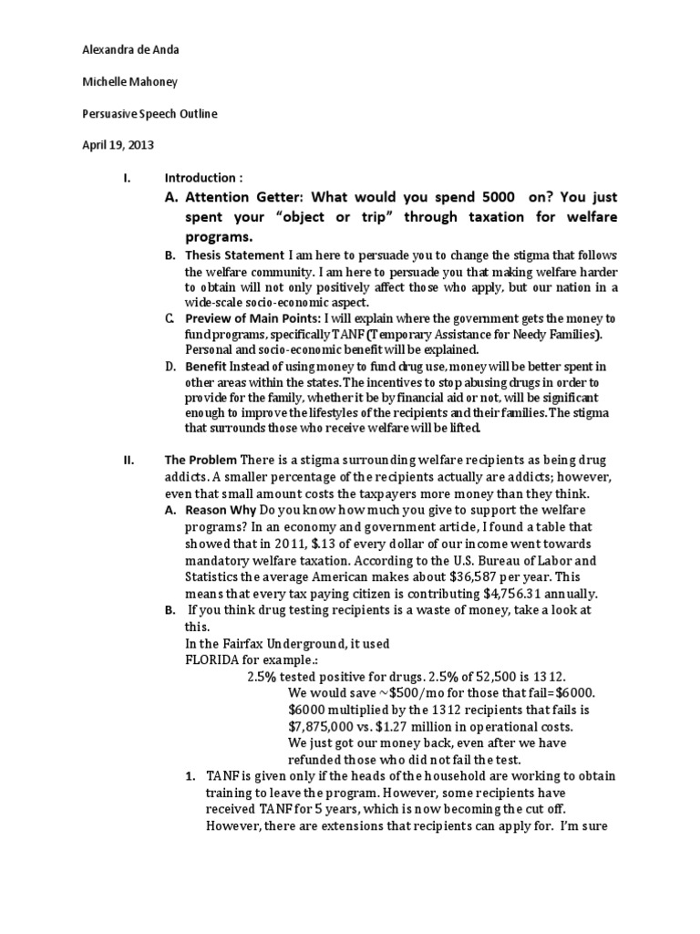 Persuasive Speech Drug Testing For Welfare Pdf Personal Responsibility And Work Opportunity Act Welfare