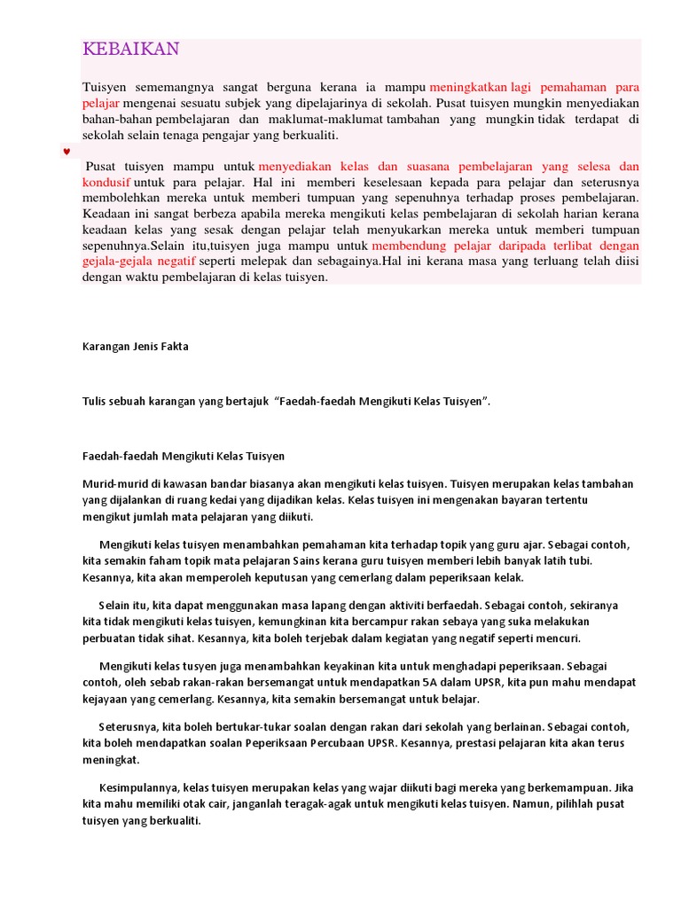 Sebab Kepentingan Menghantar Pelajarke Kelas Tuisyen Karangan
