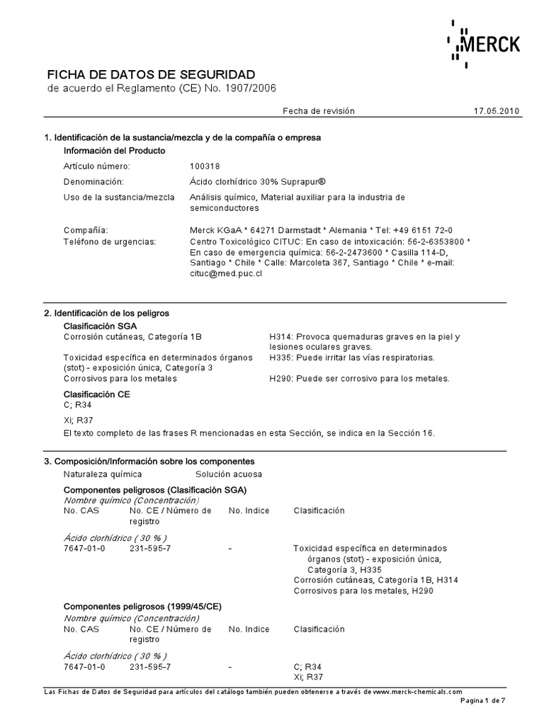 Acido Clorhidrico MSDS Merck Quemar Agua