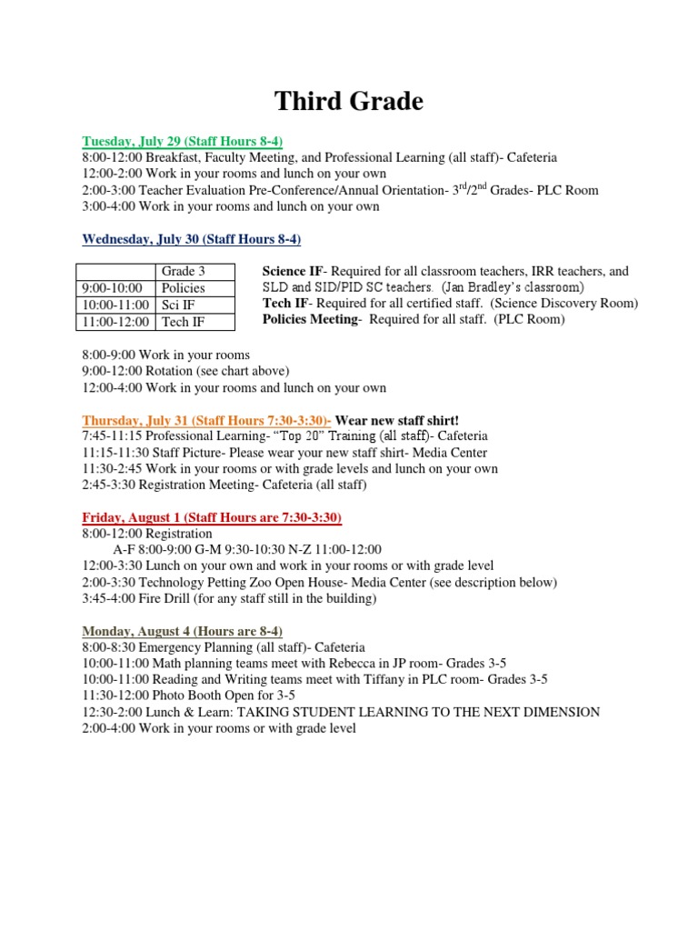 Third Grade Staff Orientation Schedule | PDF | Language Arts & Discipline