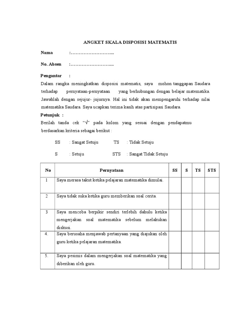 Angket Skala Disposisi Matematis | PDF