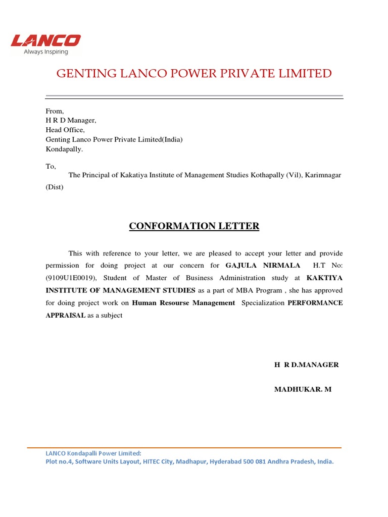 Genting Lanco Power Private Limited: Conformation Letter | PDF | Business