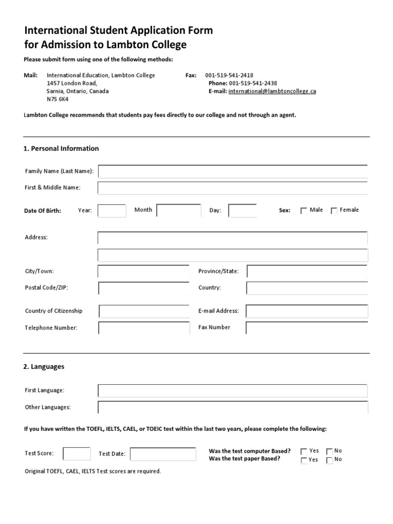 Lambton College Int'l Application Form | PDF | International English ...