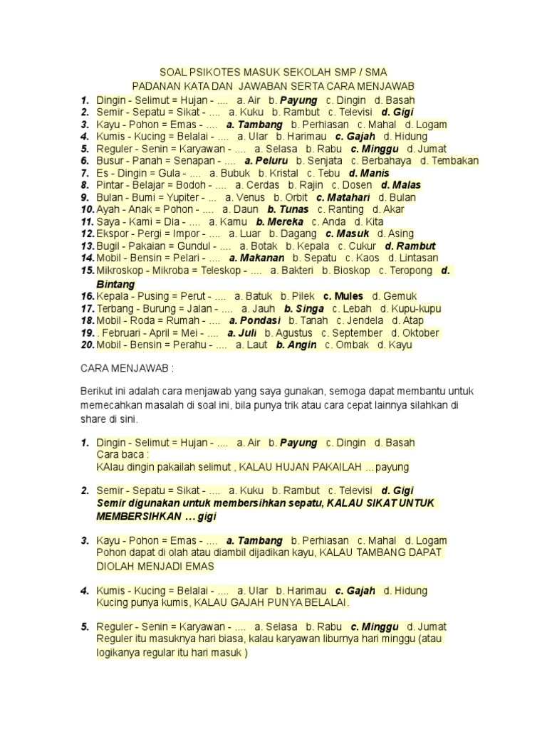 Soal Psikotes Masuk Sekolah Smp