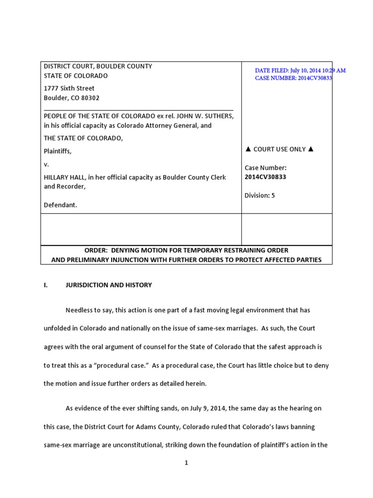 Colorado v. Hall, Case No. 2014CV30833 Order Denying Motion For