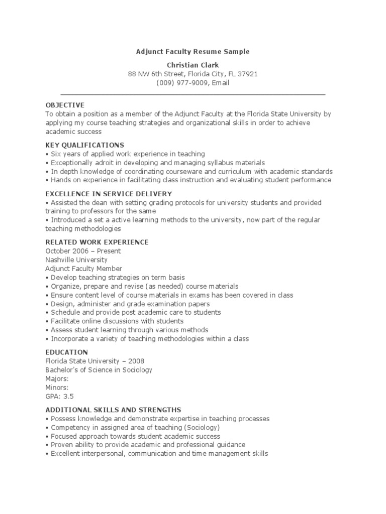 Adjunct Faculty Resume Example | PDF
