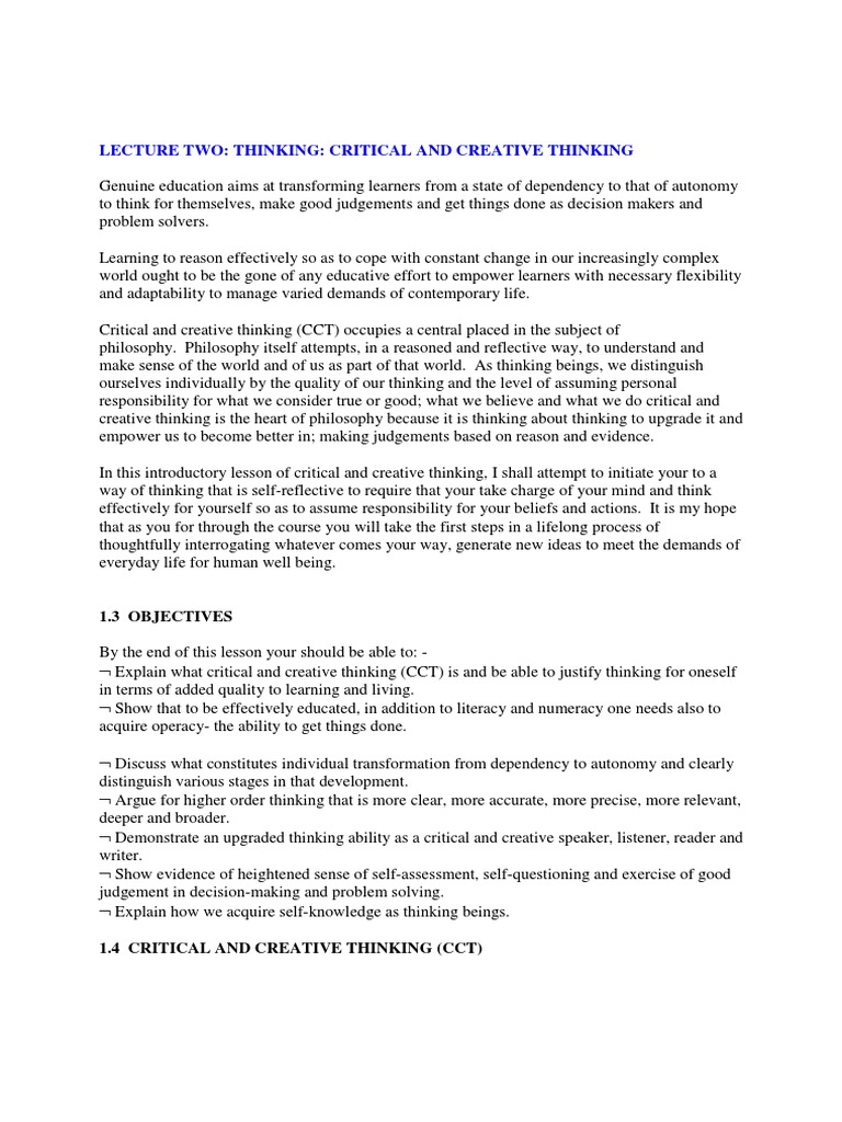 Critical and Creative Thinking Overview | PDF | Thought | Critical Thinking