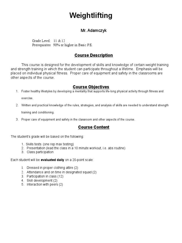 Weightlifting Syllabus PDF Physical Education Weight Training