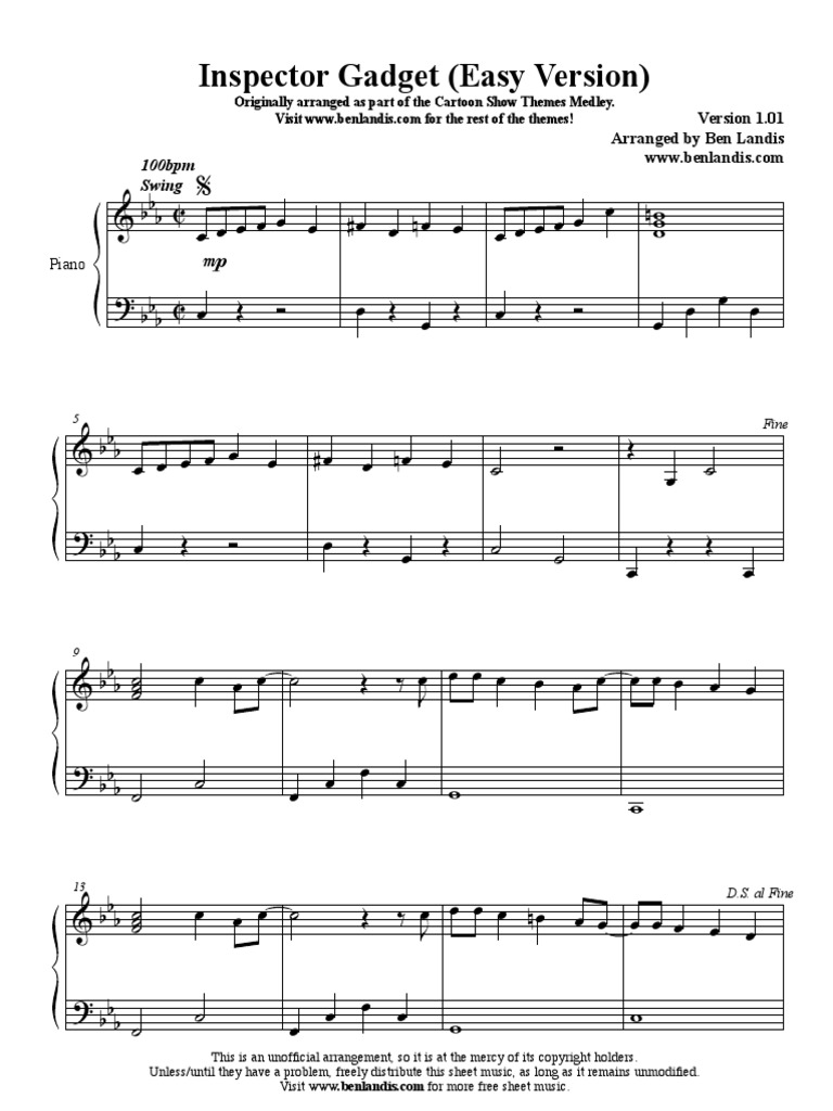 Inspector Gadget Easy Piano Sheet Music | PDF