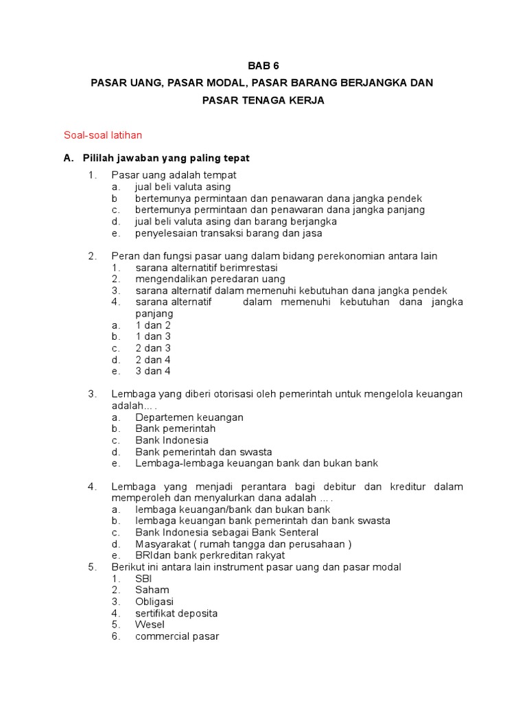 Soal Pasar Uang Dan Pasar Modal