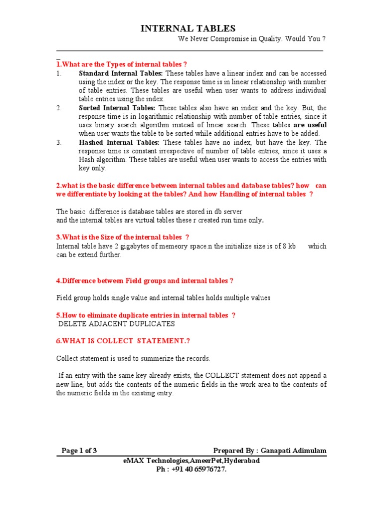 Types and Management of Internal Tables | PDF | Database Index ...