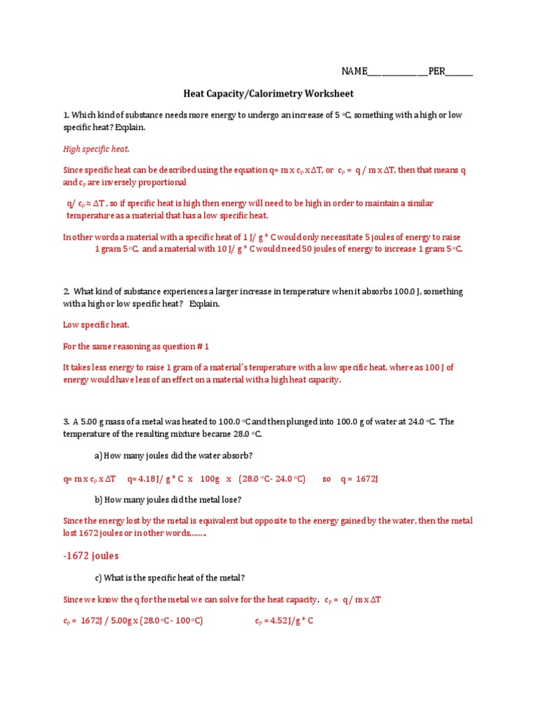 Heat Capacity Calorimetry Worksheet Answers PDF Heat Heat Capacity