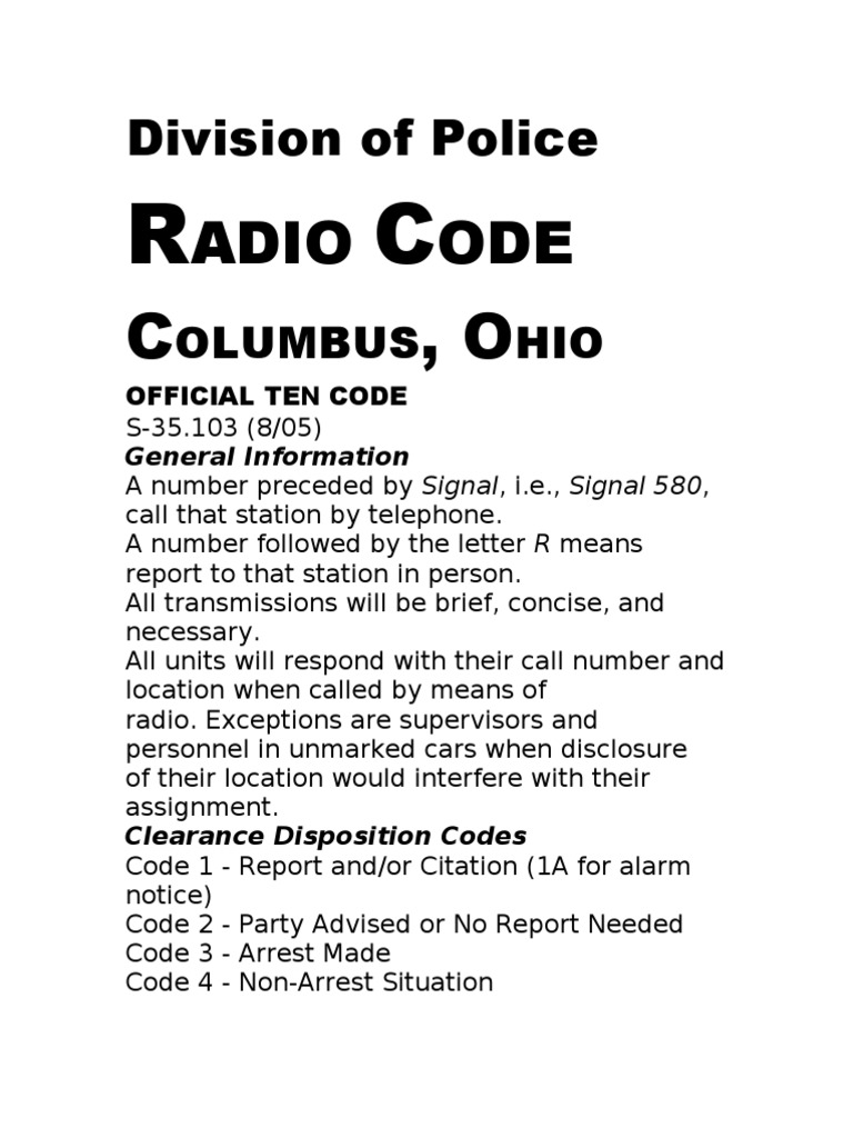 Columbus Division of Police 10 Codes | Robbery | Misconduct