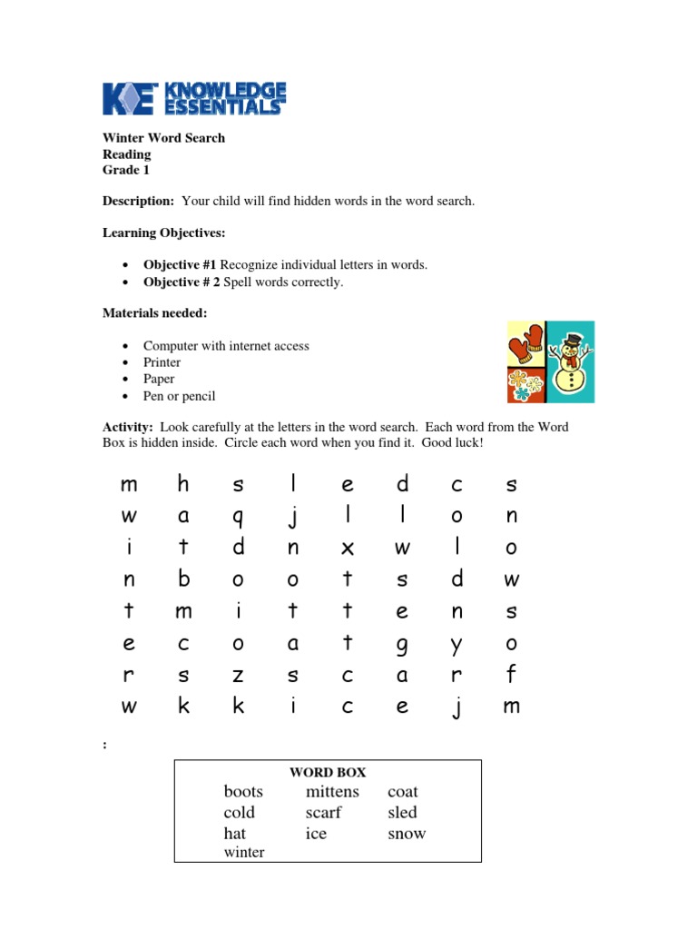Worksheet | Grade 1 | Spelling | Winter Word Search