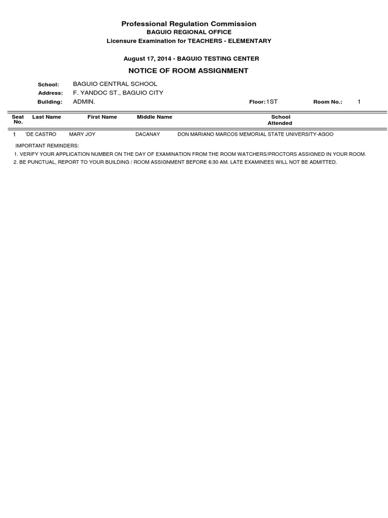 Room Assignments for Teacher Exam | PDF | Universities And Colleges ...