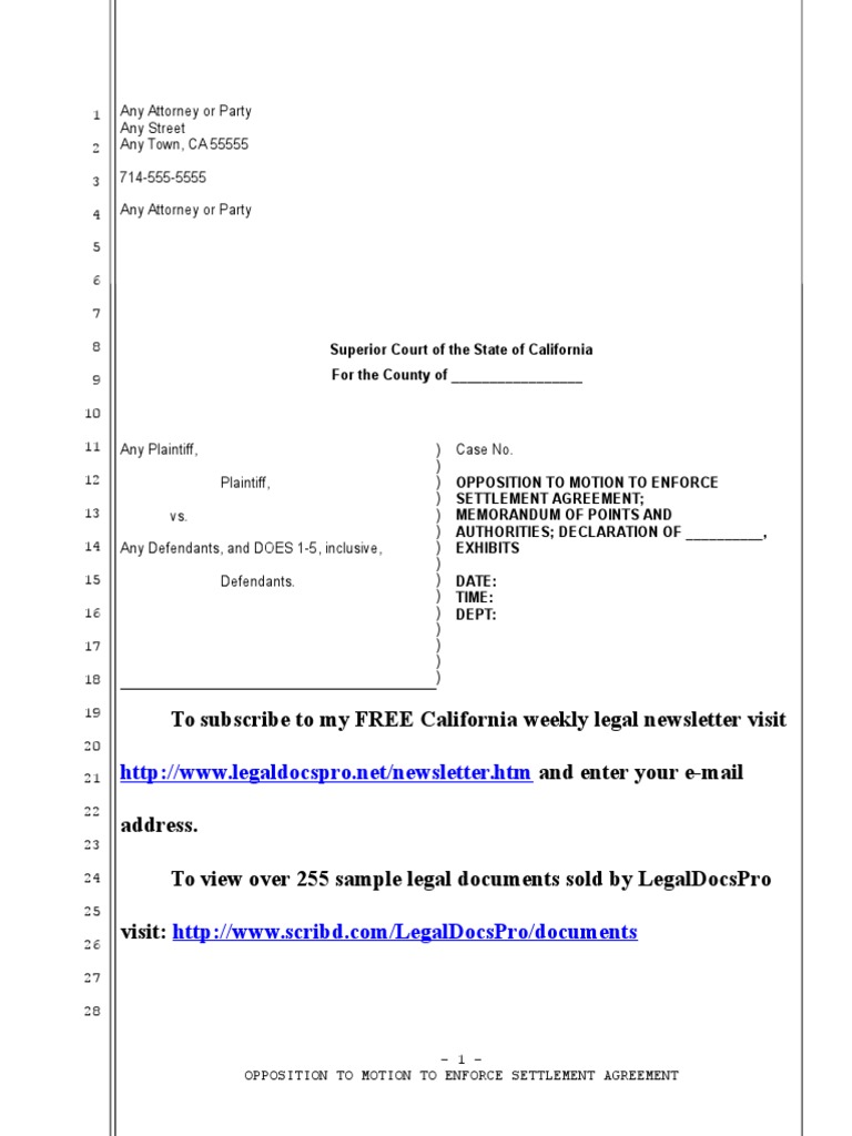 Sample Opposition to Motion to Enforce Settlement Agreement in