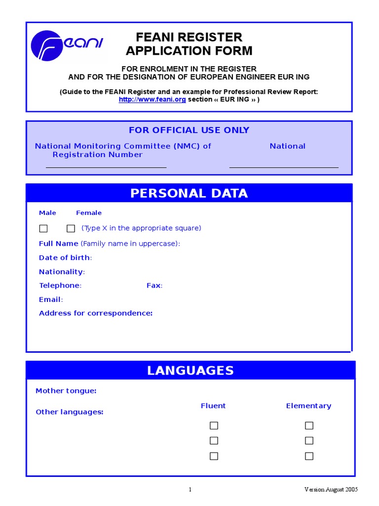 FEANI EUR ING Application Form | PDF | Engineering