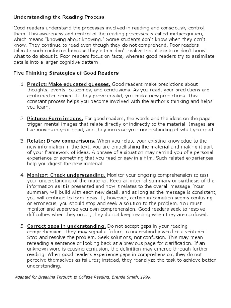 Understanding The Reading Process PDF Reading Comprehension Thought