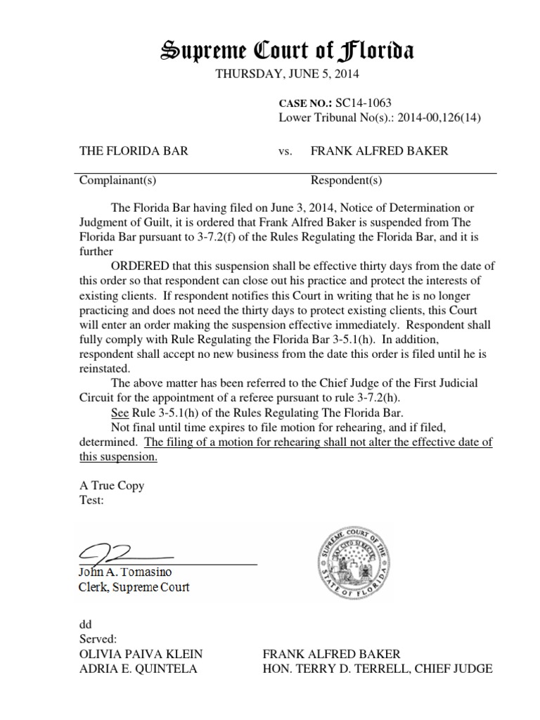 Florida Supreme Court suspension of Frank A. Baker license ...