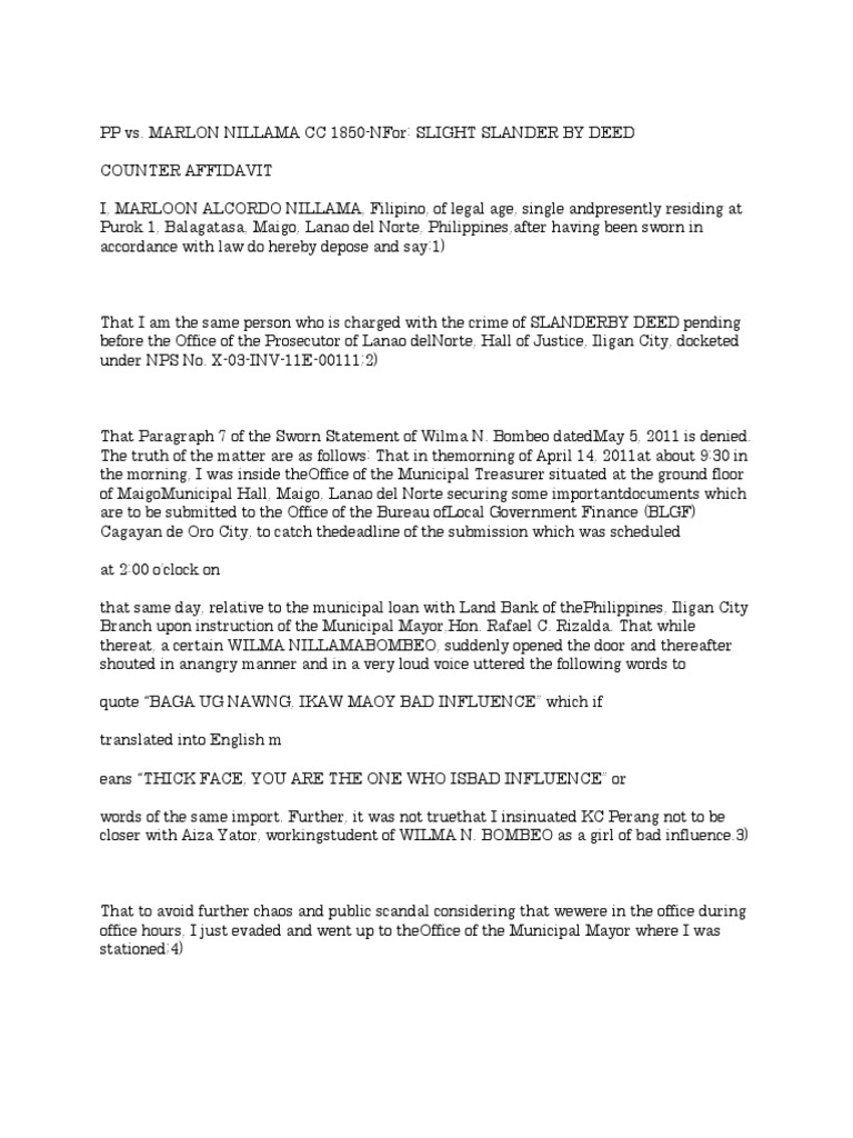 Counter Affidavit for slander deed Crimes Crime & Justice