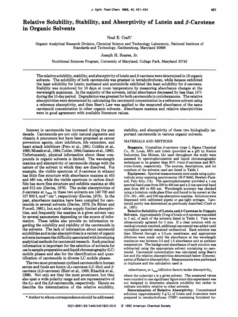 Relative Solubility Stability and Absorptivity of Lutein and BCarotene in Organic Solvents