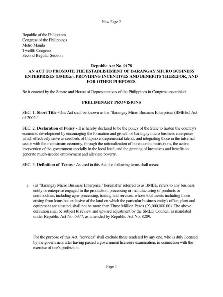 Barangay Micro Business Enterprises Act | PDF | Licensure | Business