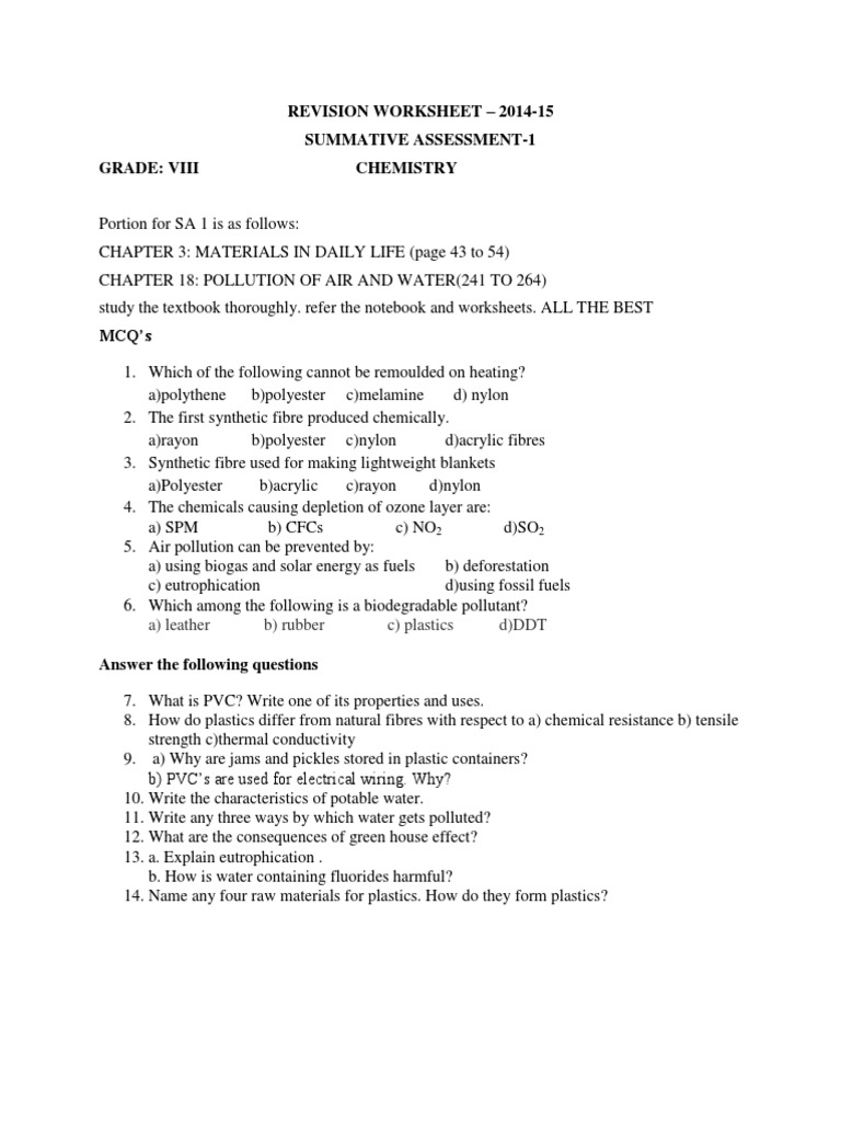 Grade 8 Chemistry Revision Worksheet | PDF | Home & Garden