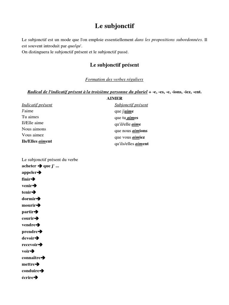 Voir Au Subjonctif Présent De L indicatif Subjonctif | PDF | Verbe | Syntaxe