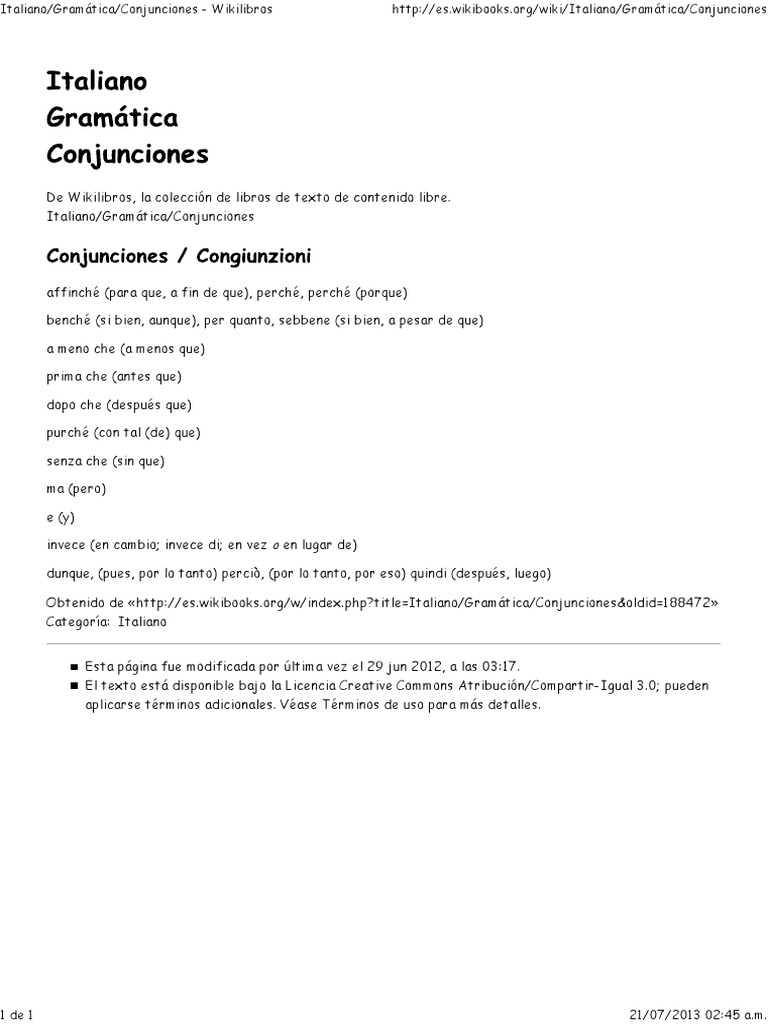 Conjunciones en Italiano | PDF