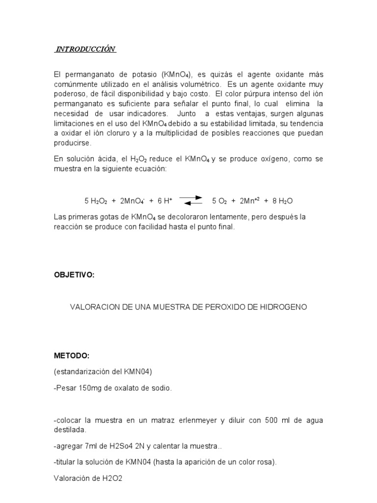 Valoración de H2O2 con KMnO4 | PDF