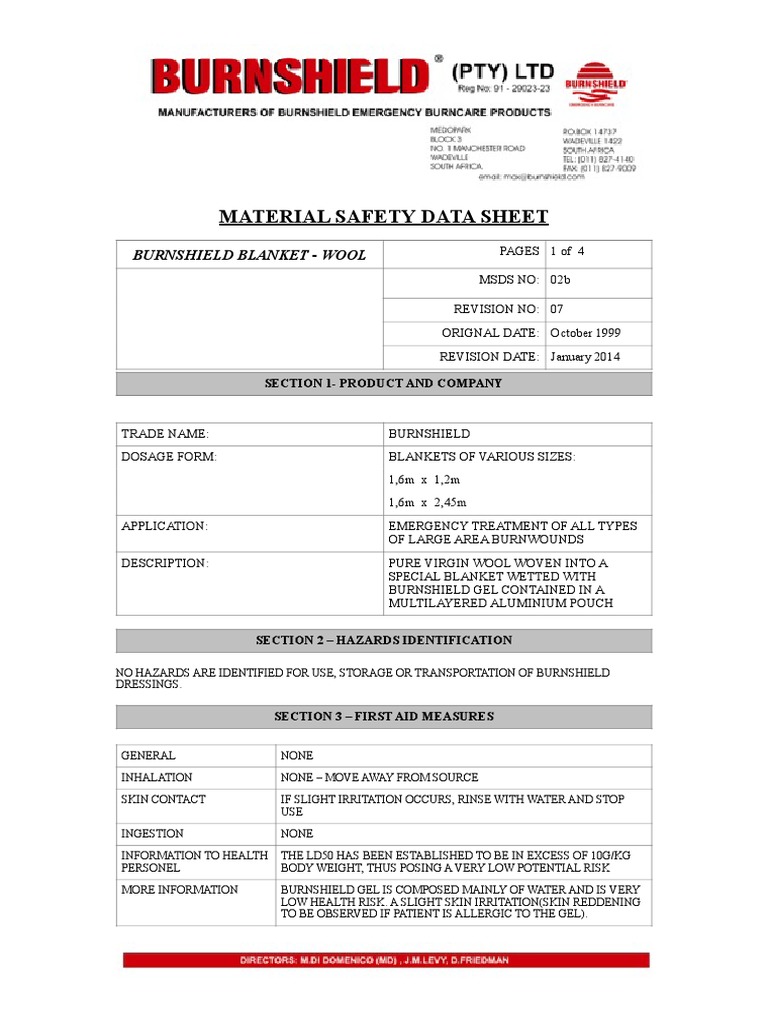 MSDS Burnshield Blankets Wool 2B Toxicity Firefighting