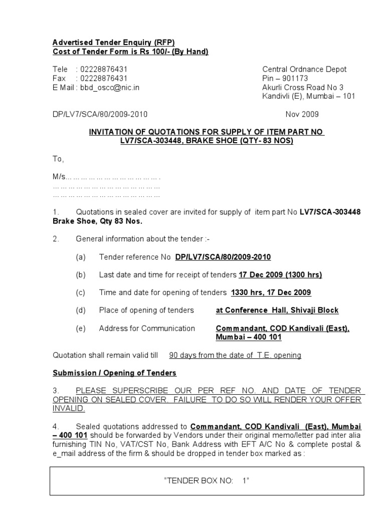 Advertised Tender Enquiry (RFP) Cost of Tender Form Is Rs | PDF ...
