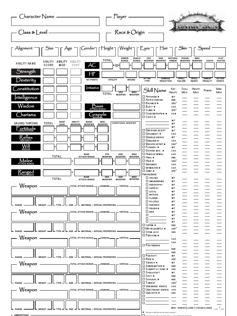 Dark Sun 3.5e Character Sheet | Leisure