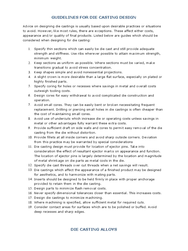 Die Casting Guidelines PDF Casting (Metalworking) Alloy