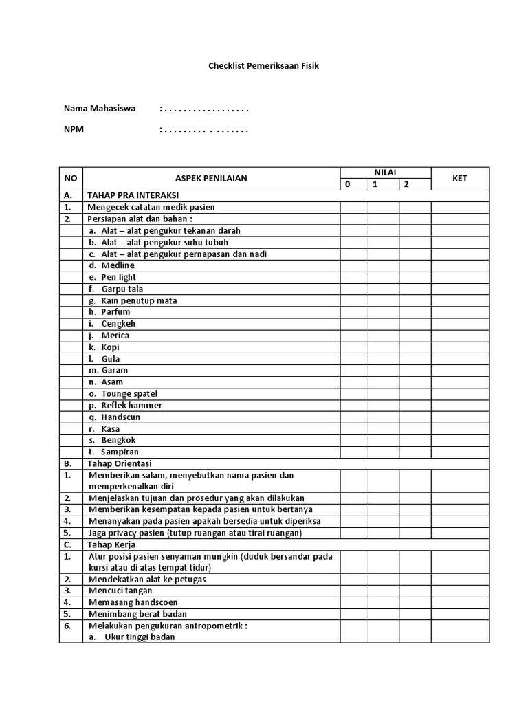 Checklist Pemeriksaan Fisik