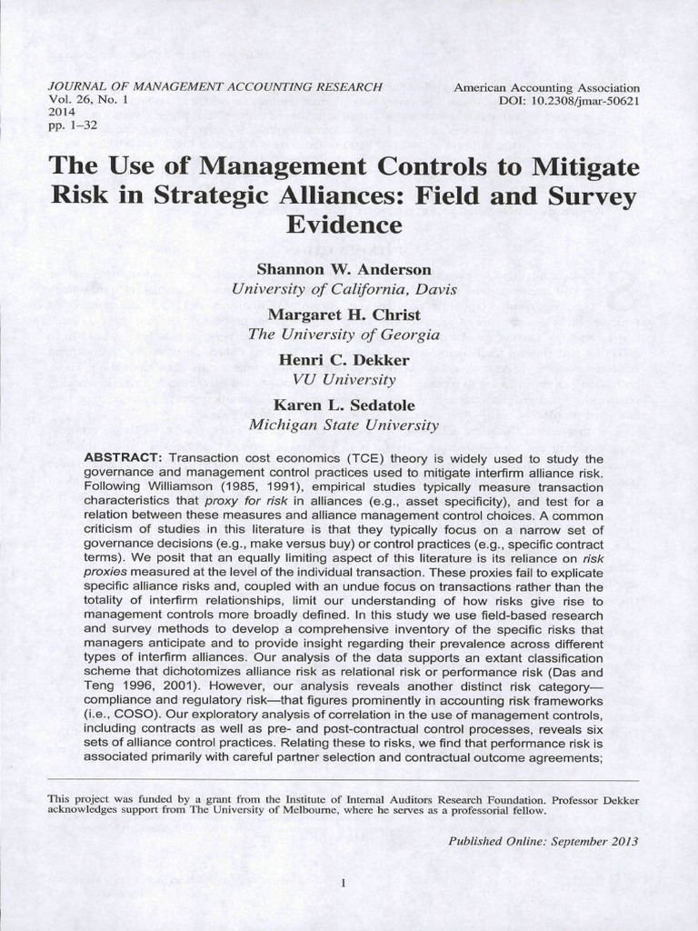The Use of Management Controls To Mitigate Risk in Strategic Alliances ...