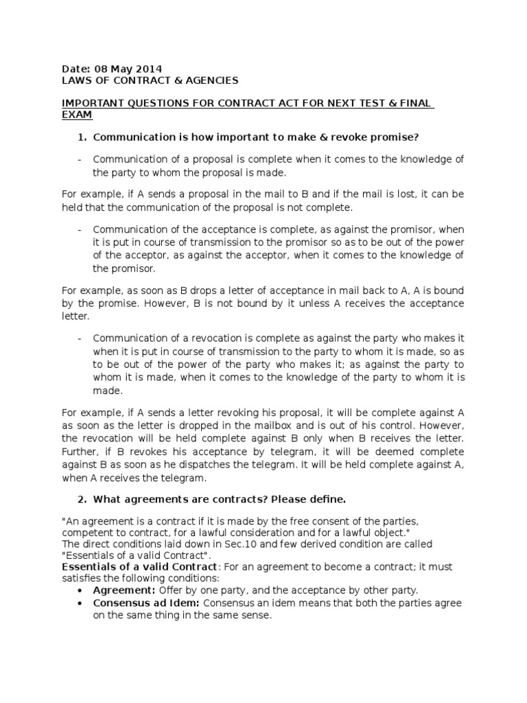 Key Questions on Indian Contract Act | PDF | Lien | Law Of Obligations
