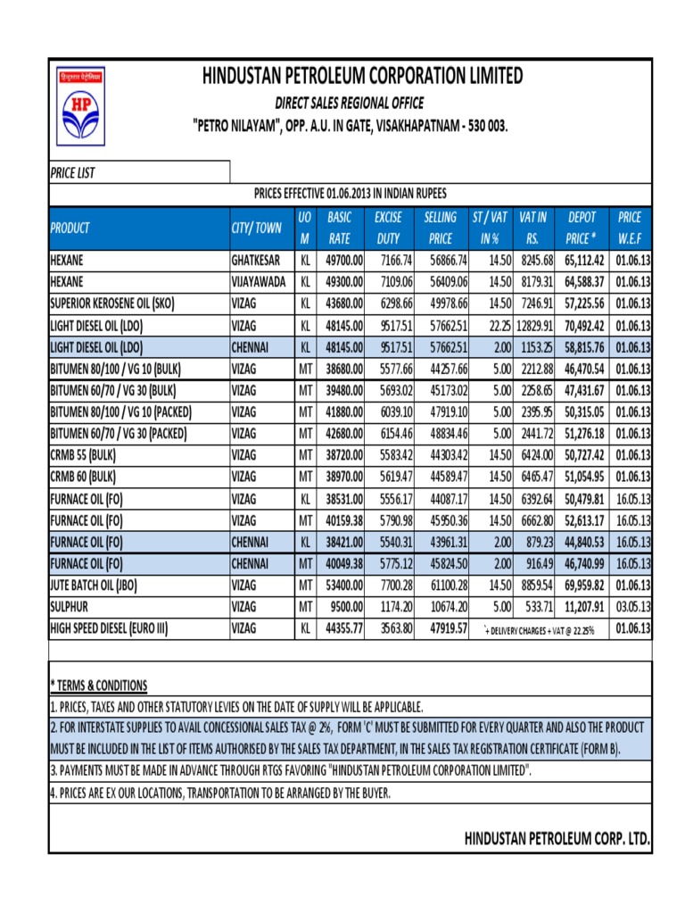 Bitumen Price Lists Wef 01062013 Sales Tax Value Added Tax