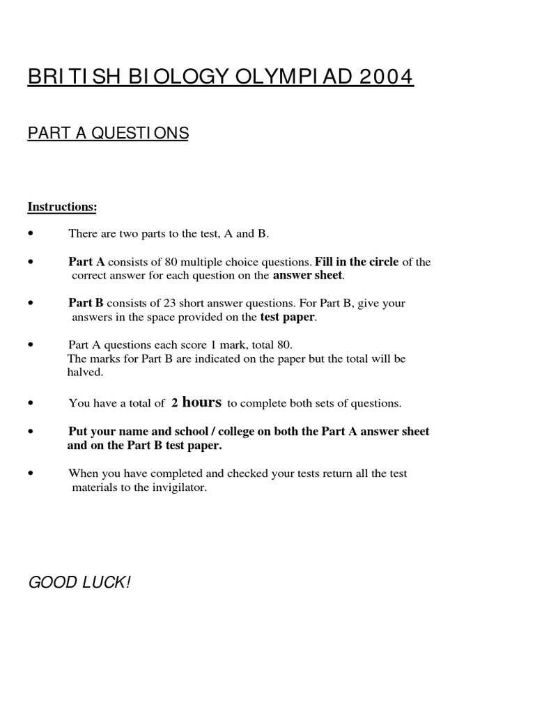 British Biology Olympiad Part A Questions PDF Mitochondrion Zygosity