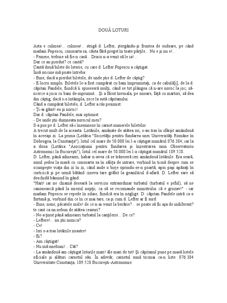 Doua Loturi Rezumat Caragiale Doua Loturi | PDF