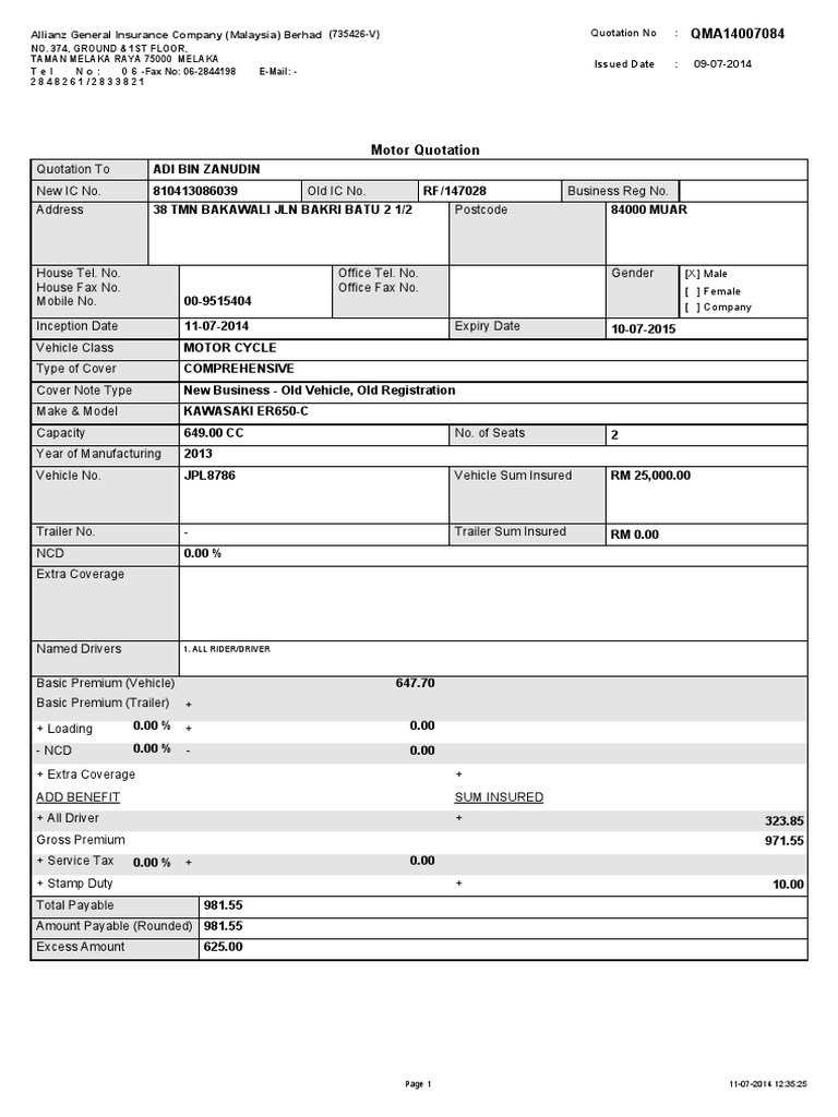 Allianz Motorcycle Insurance Quotation | PDF