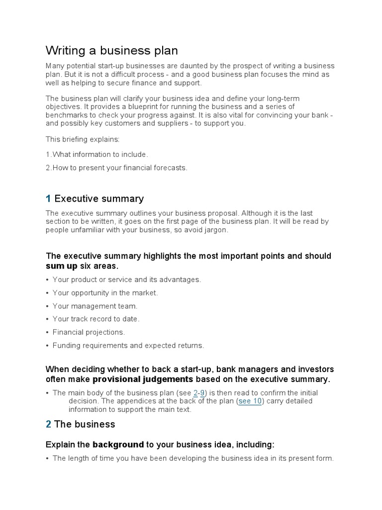 Writing A Business Plan Executive Summary PDF Business Plan Sales