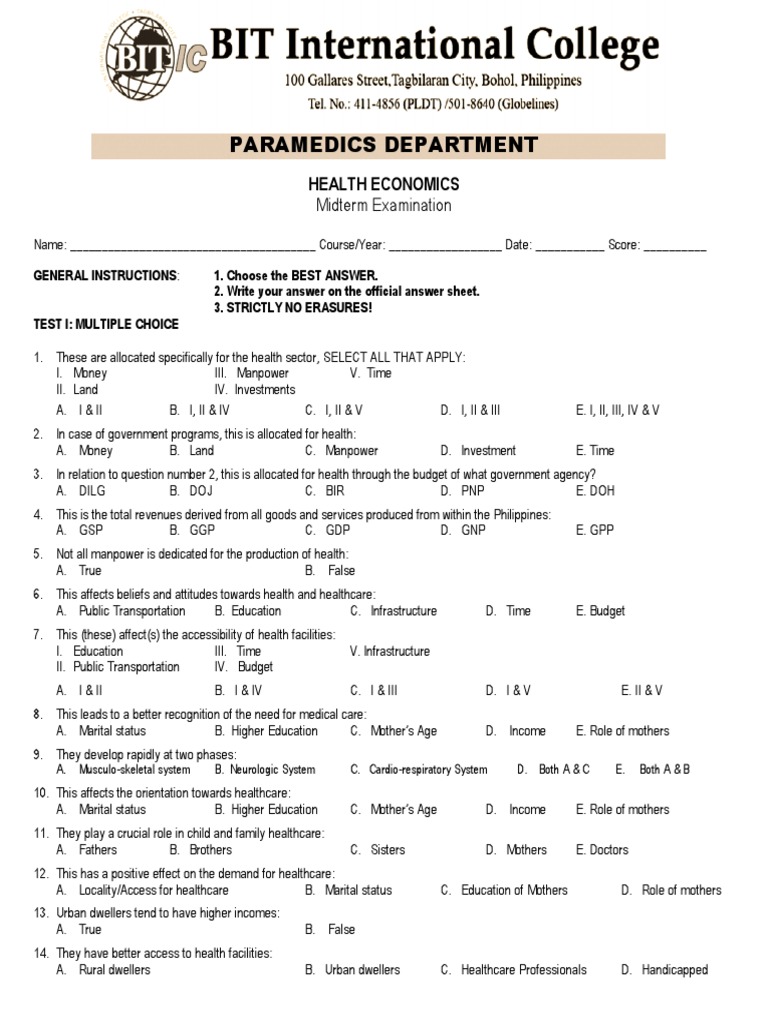 Health Economics Midterm Examination PDF Health Care Chronic